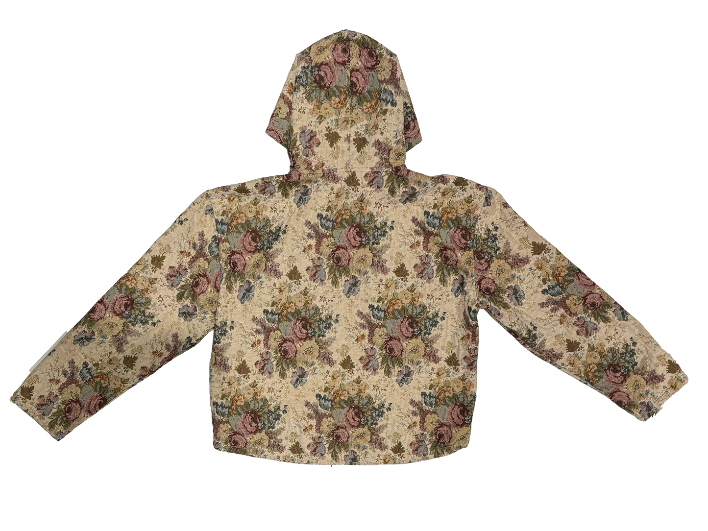 Close-up of woven floral tapestry texture in tan, Renaissance Relic Hoodie, Counterfeit Money Toronto
