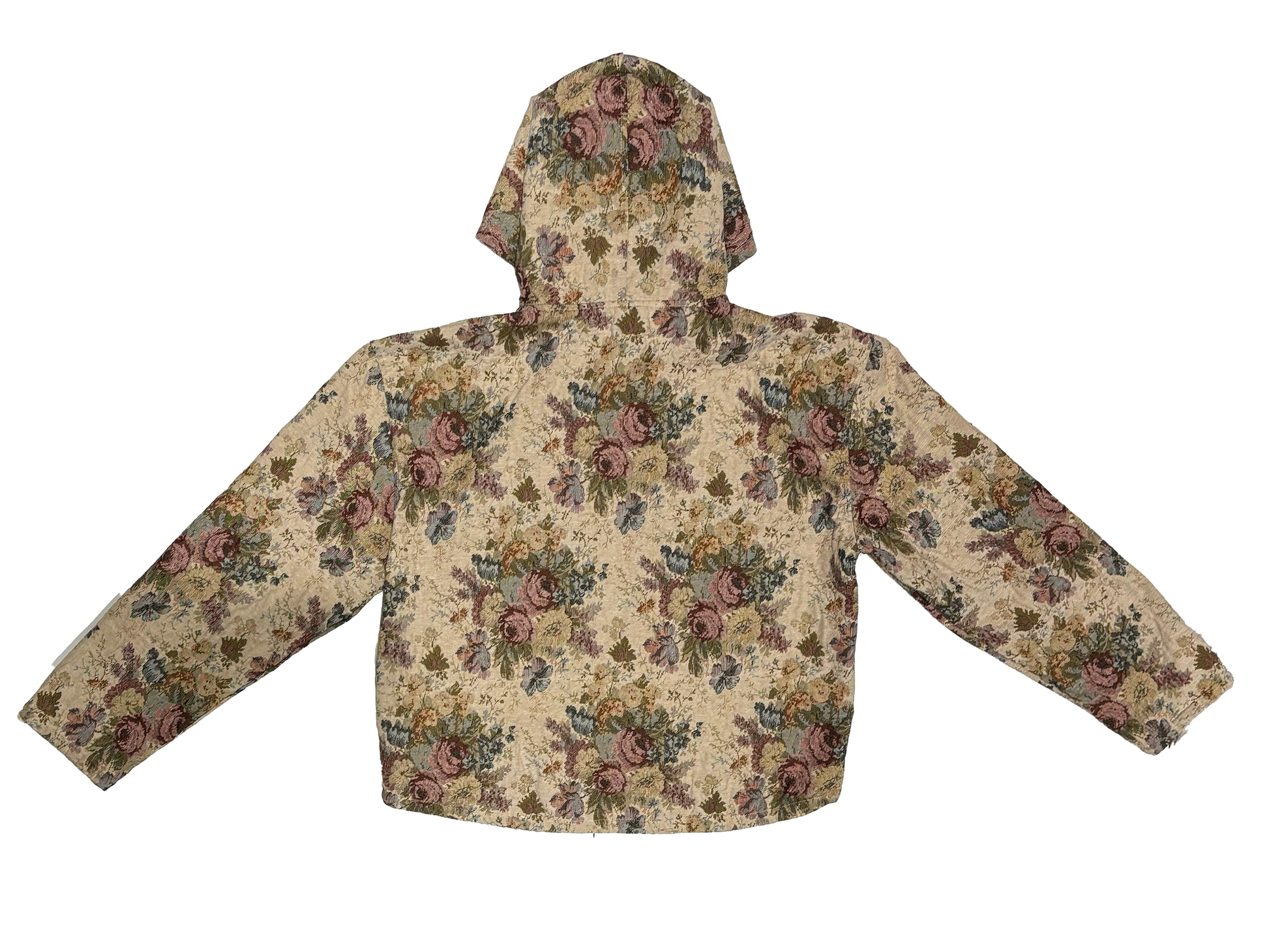 Close-up of woven floral tapestry texture in tan, Renaissance Relic Hoodie, Counterfeit Money Toronto