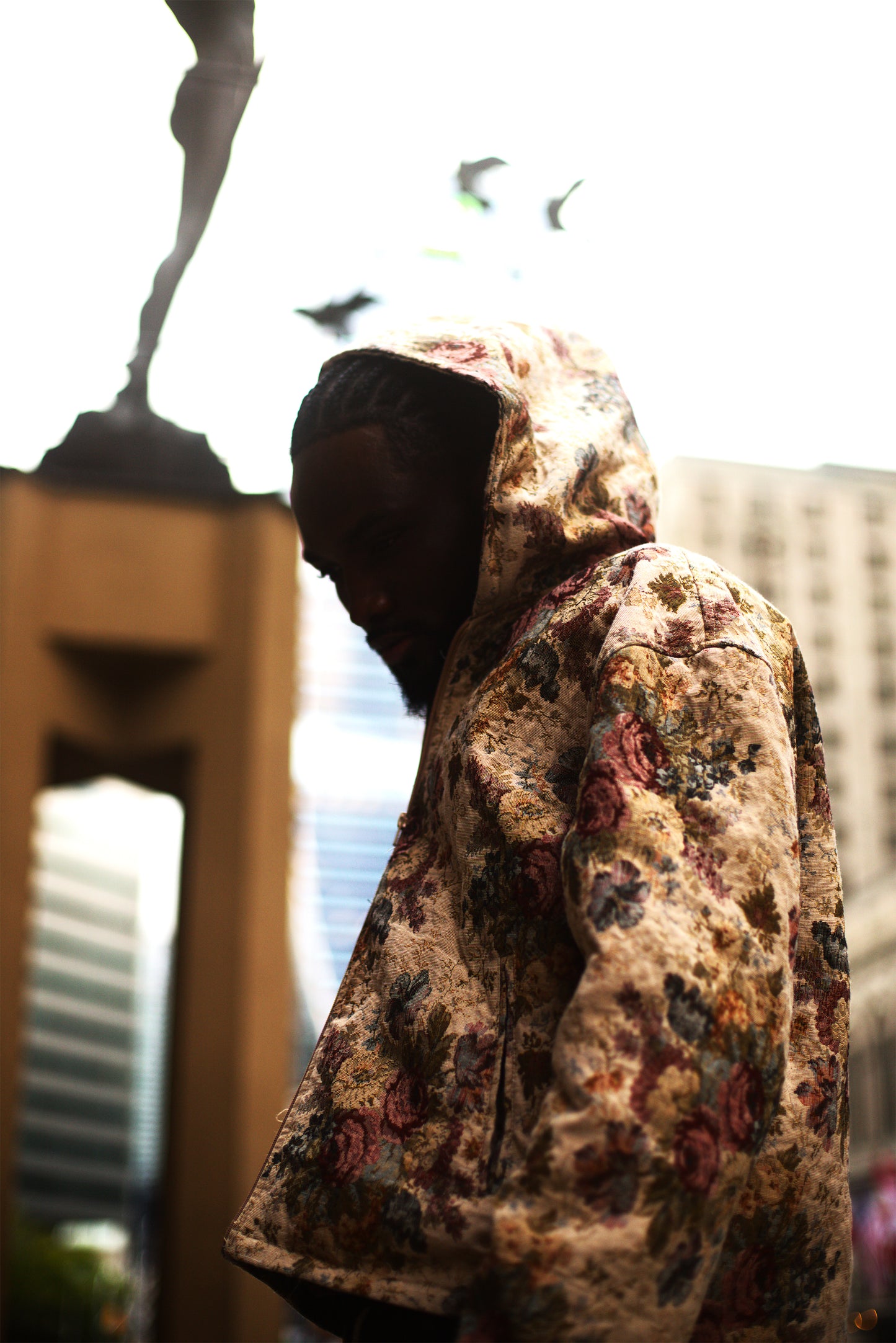 Woven floral tapestry hoodie in tan with full-length zip, Renaissance Relic Hoodie, Counterfeit Money Toronto